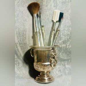 1950s Silver Makeup Brush Set – Vintage Vanity with Ornate Handles And Urn
